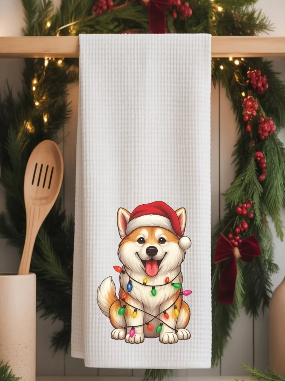 Jindo Dog Christmas Lights Decorative Kitchen Tea Towel